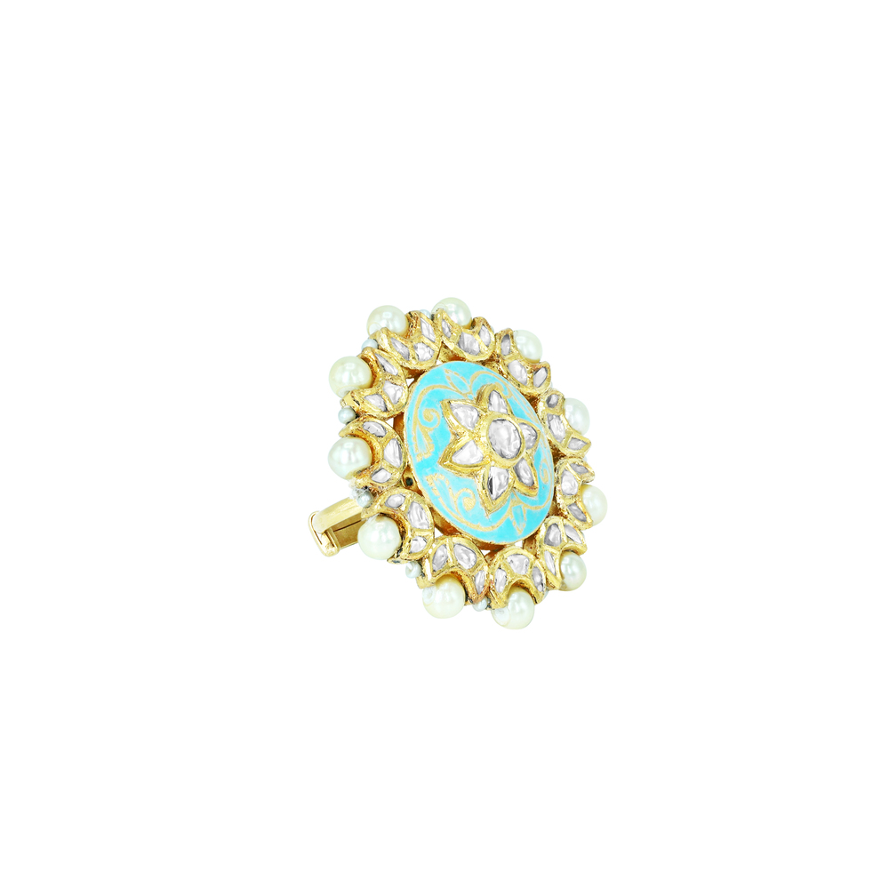 Turquoise Meena Polki Floral Ring with Pearls