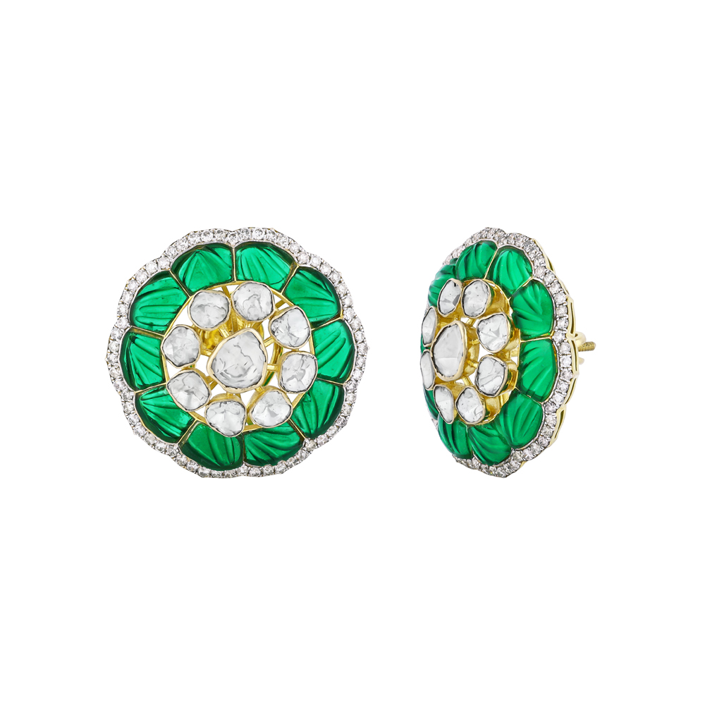 Floral Polki Earrings with Green Talaf Petals and Diamond Halo