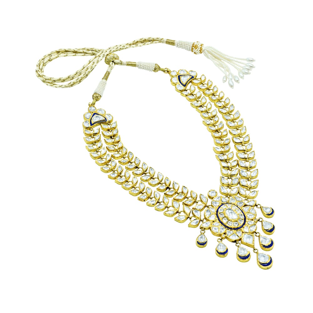 Gold Polki Necklace with Twin Petal Lines and Floral Center