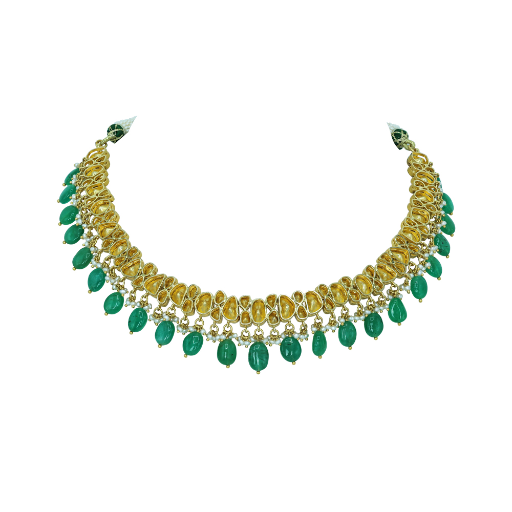Open Polki Diamond Necklace with Emerald Drops