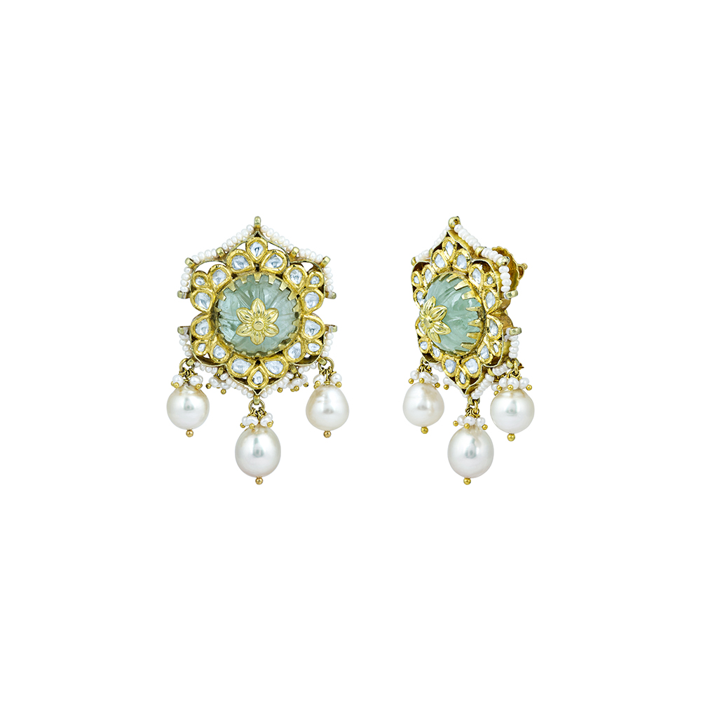 Carved Stone Earrings with Polki and South Sea Pearls