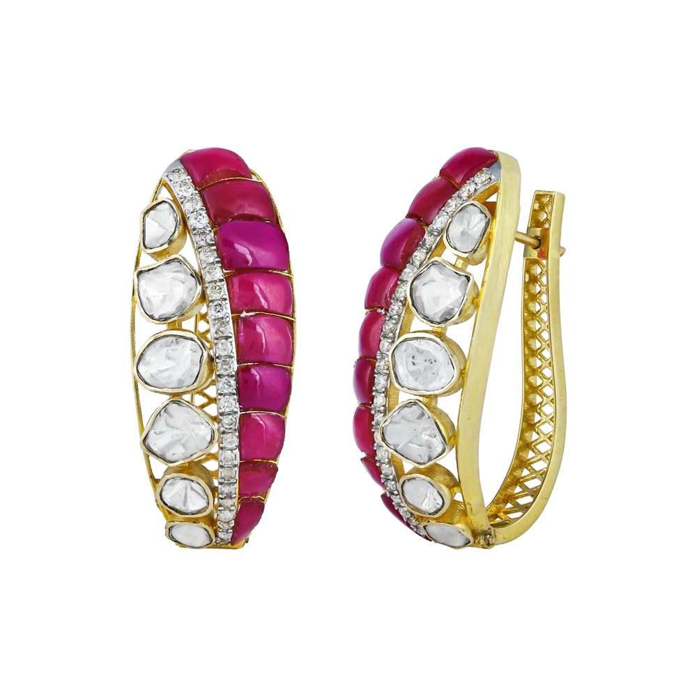 Hoop Earrings with Polki, Red Talaf, and Diamonds