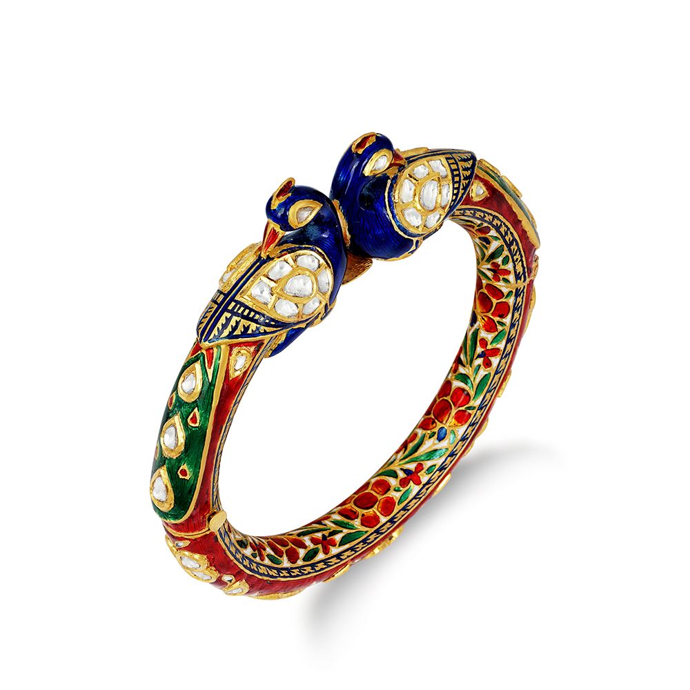 Bangle with Enamel Peacocks and Polki Accents