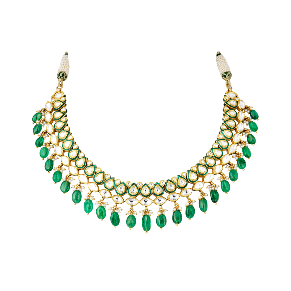 Pear-Shaped Polki Necklace with Green Meena and Emerald Drops