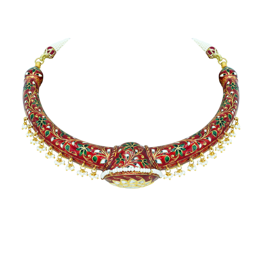 Regal Polki Hasli Necklace with Red Enamel and Pearl Beads