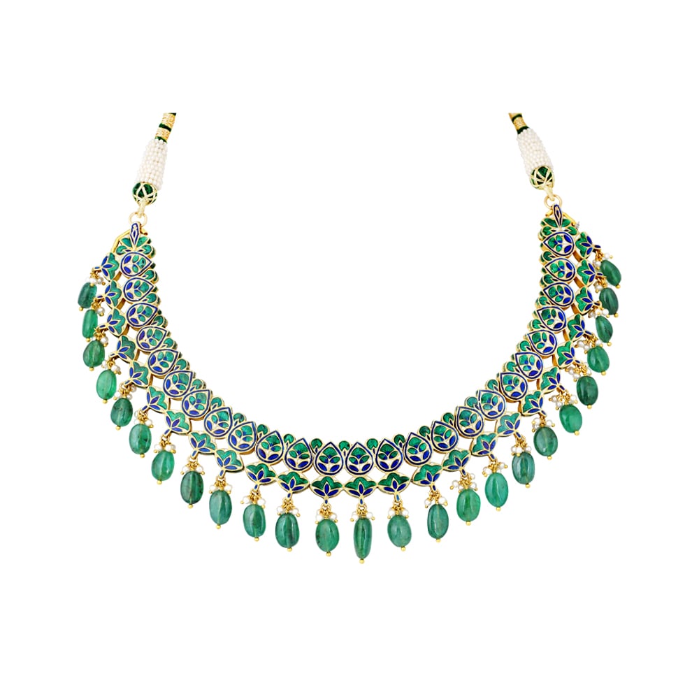 Pear-Shaped Polki Necklace with Green Meena and Emerald Drops