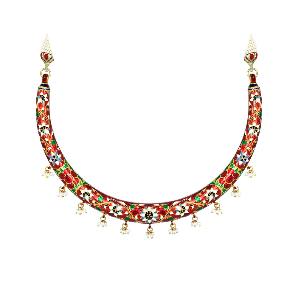 Enamel Hasli Necklace Set with Floral Motifs and Pearls