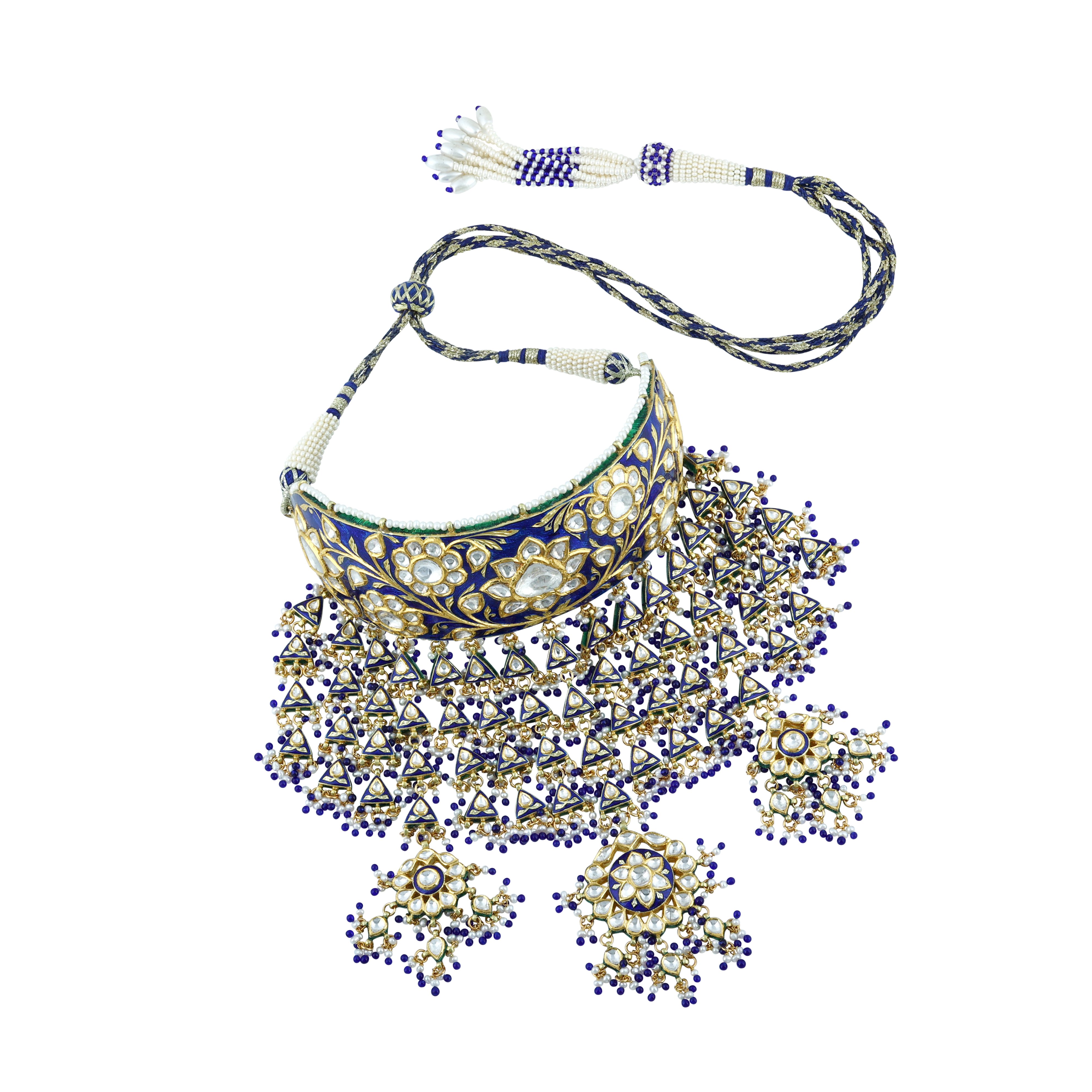 Blue Meenakari Polki Choker with Cascading Drops and Tri-Pendants