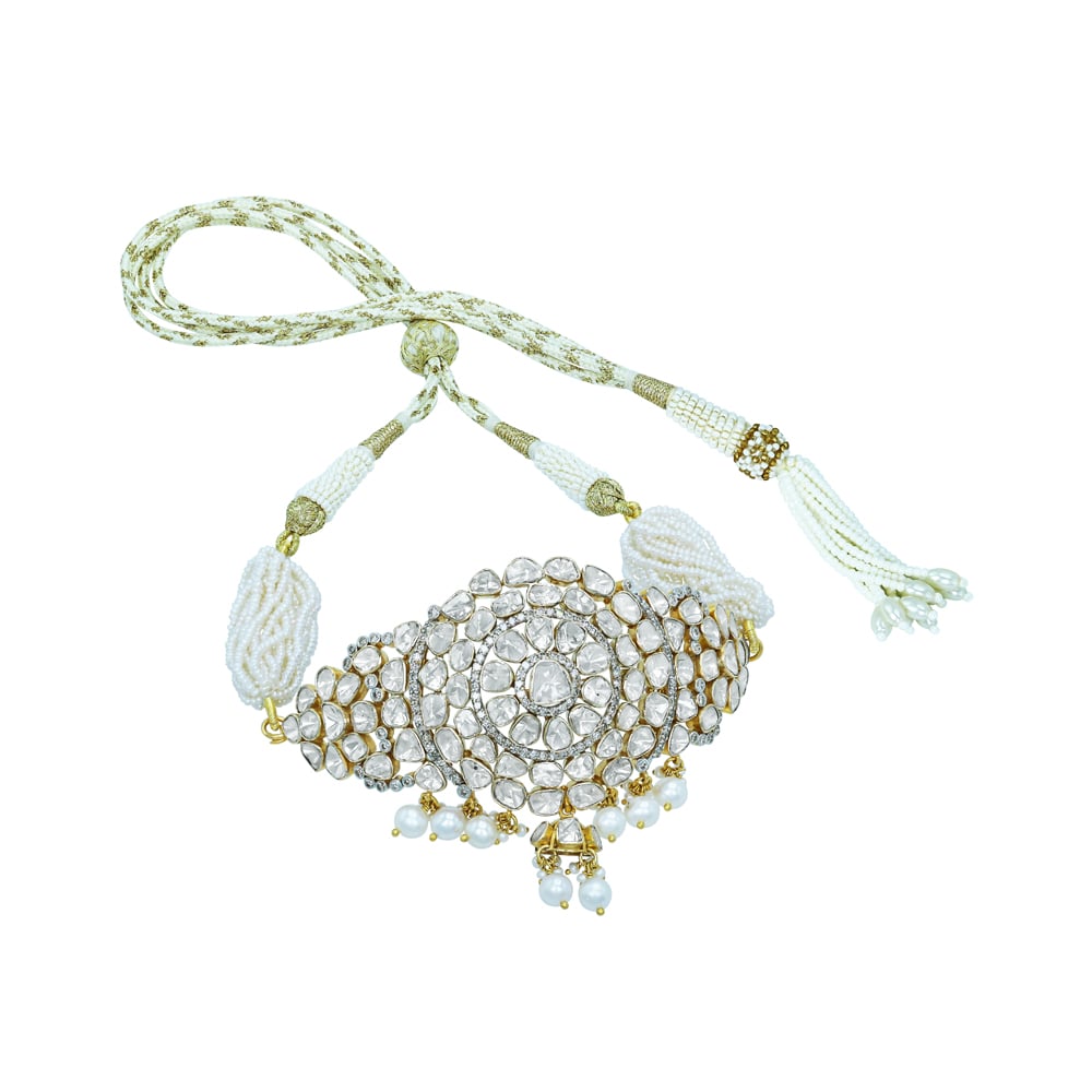 Polki Diamond Choker with Pearl Strings and Dangling Drops
