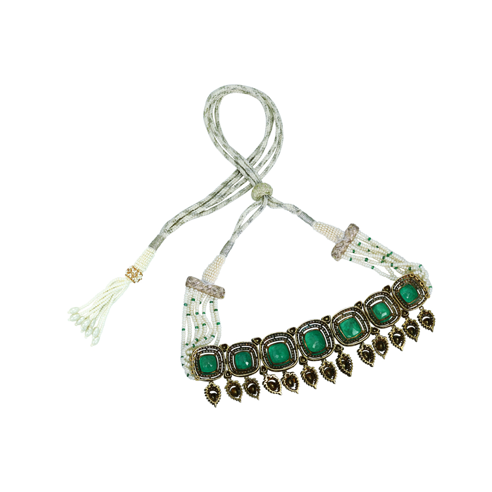 Antique Emerald Necklace Set with Diamond Halos and Teardrops