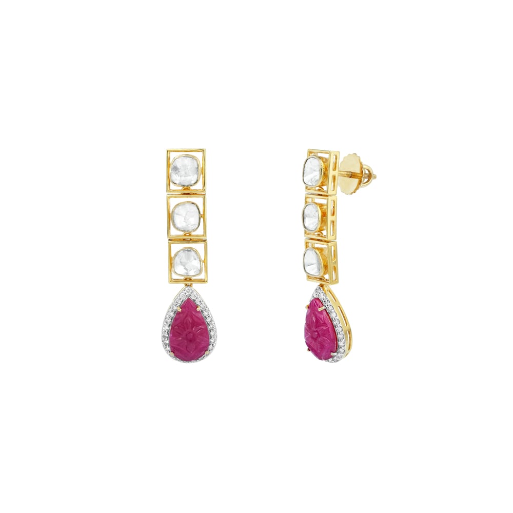 Teardrop Ruby Polki Earrings with Diamond Halo