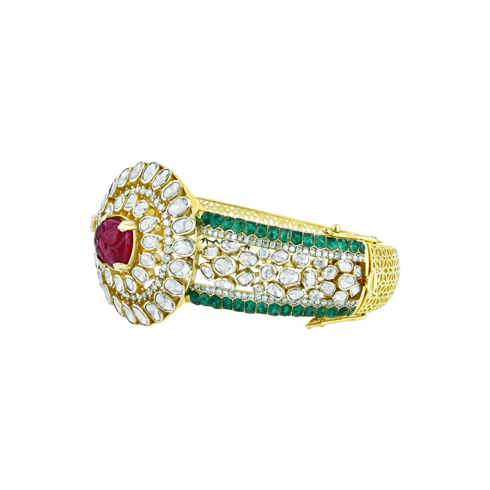 Polki Bangle with Carved Red Stone, Emerald Talafs and Latticework