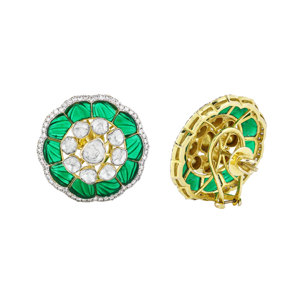 Floral Polki Earrings with Green Talaf Petals and Diamond Halo